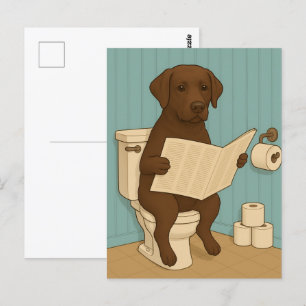 Chocolate Labrador Reading Newspaper on Toilet Postcard