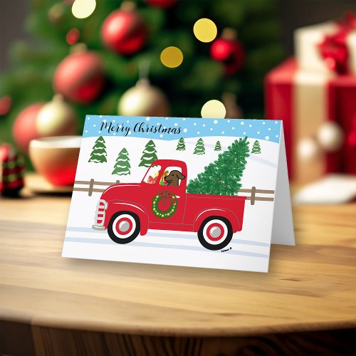 Chocolate Labrador Red Truck Christmas Holiday Card