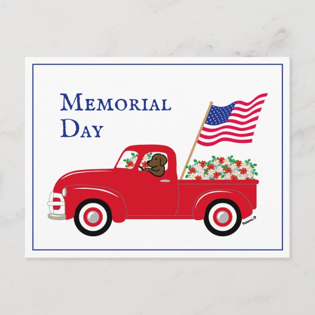 Chocolate Labrador Red Truck Memorial Day border Postcard (Front)