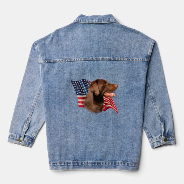 Chocolate Labrador Retriever American Flag Denim Jacket (Back)