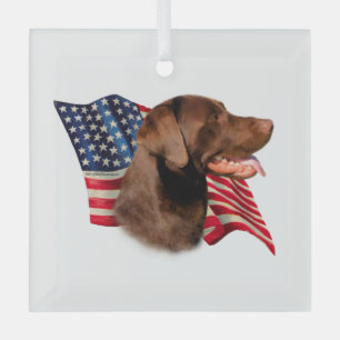 Chocolate Labrador Retriever American Flag Glass Ornament