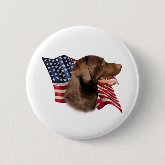 Chocolate Labrador Retriever American Flag Pinback Button (Front)