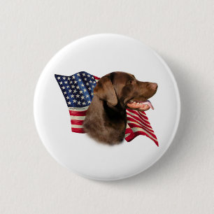 Chocolate Labrador Retriever American Flag Pinback Button