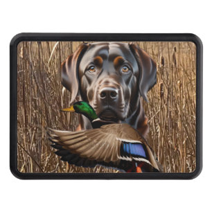 Chocolate Labrador Retriever and Flying Mallard Hitch Cover