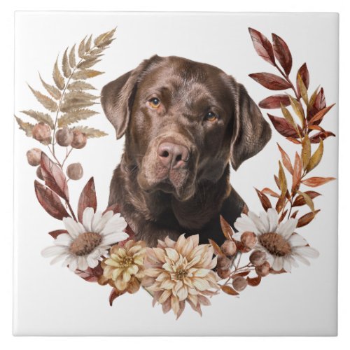 Chocolate Labrador Retriever Autumn Wreath Ceramic Tile