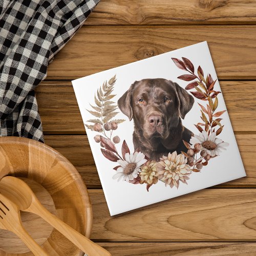 Chocolate Labrador Retriever Autumn Wreath Ceramic Tile