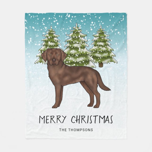 Chocolate Labrador Retriever Blue Snowy Christmas Fleece Blanket (Front)