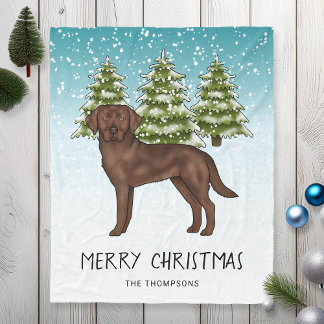 Chocolate Labrador Retriever Blue Snowy Christmas Fleece Blanket