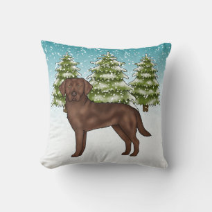 Chocolate Labrador Retriever Blue Winter Christmas Throw Pillow