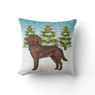 Chocolate Labrador Retriever Blue Winter Christmas Throw Pillow