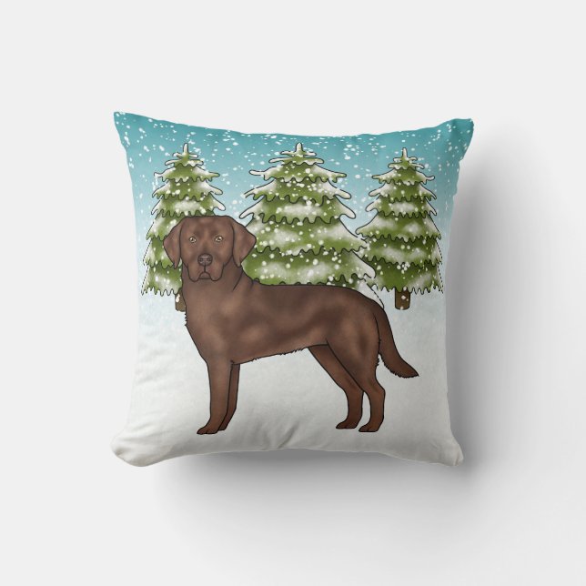 Chocolate Labrador Retriever Blue Winter Christmas Throw Pillow (Front)