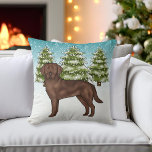 Chocolate Labrador Retriever Blue Winter Christmas Throw Pillow<br><div class="desc">Destei's original cartoon illustration of a cute chocolate brown Labrador Retriever breed dog. The dog is placed in a winter scene with three green fir trees and falling snow. The background is a blue to white gradient giving the design that cold winter day look.</div>