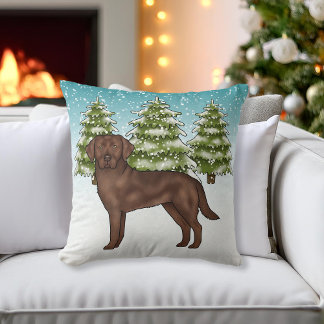 Chocolate Labrador Retriever Blue Winter Christmas Throw Pillow