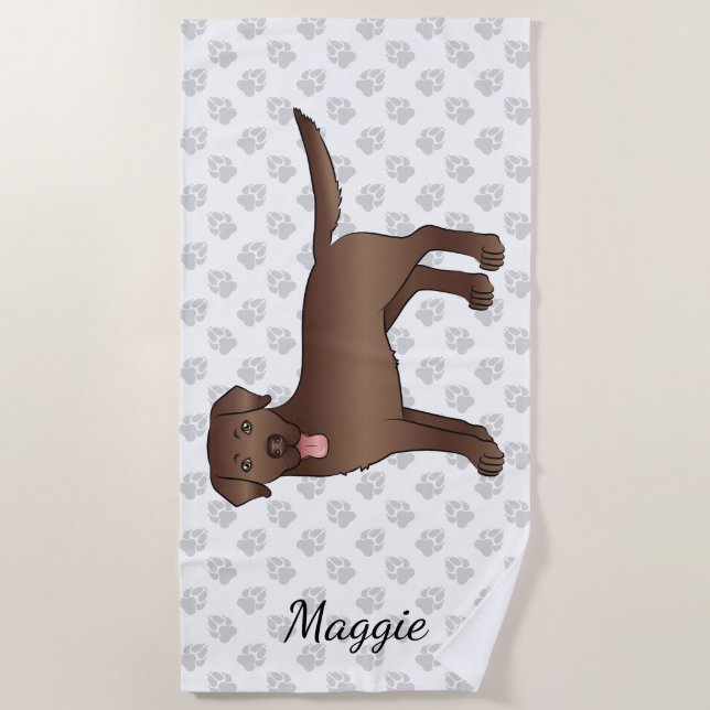 Chocolate Labrador Retriever Cartoon Dog & Name Beach Towel (Front)