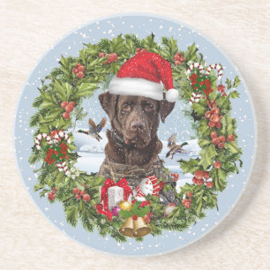 Chocolate Labrador Retriever,  Christmas wreath  Coaster
