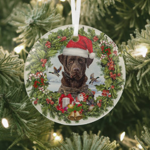 Chocolate Labrador Retriever,  Christmas wreath  Glass Ornament