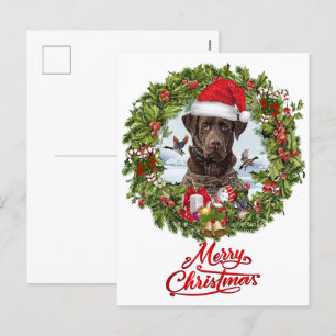 Chocolate Labrador Retriever, Christmas wreath Holiday Postcard