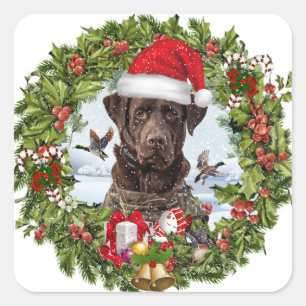 Chocolate Labrador Retriever,  Christmas wreath  Square Sticker