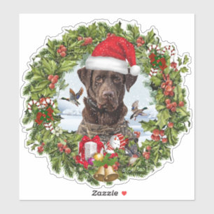 Chocolate Labrador Retriever, Christmas wreath Sticker