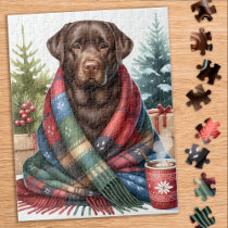 Chocolate Labrador Retriever Cozy Dog Christmas Jigsaw Puzzle