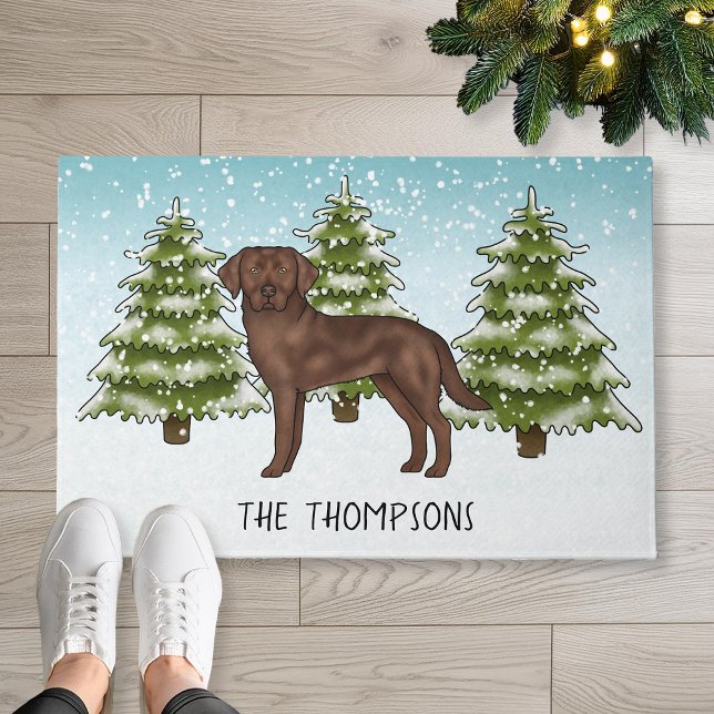 Chocolate Labrador Retriever Custom Blue Christmas Doormat (Disclaimer: This image is a digital mockup.)