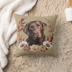 Chocolate Labrador Retriever Dog Autumn Wreath Throw Pillow