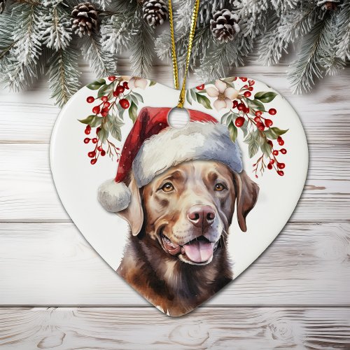 Chocolate Labrador Retriever Dog Holly Wreath Ceramic Ornament