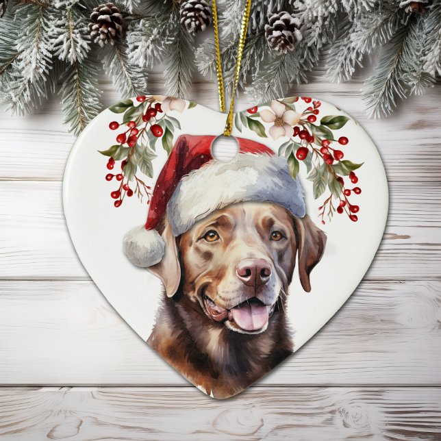 Chocolate Labrador Retriever Dog Holly Wreath Ceramic Ornament (Creator Uploaded)