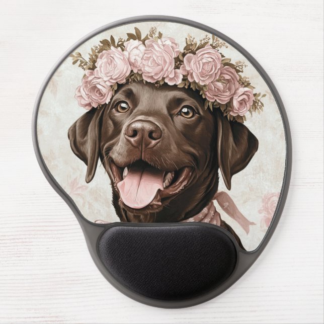 Chocolate Labrador Retriever Dog Lover Pink Floral Gel Mouse Pad (Front)