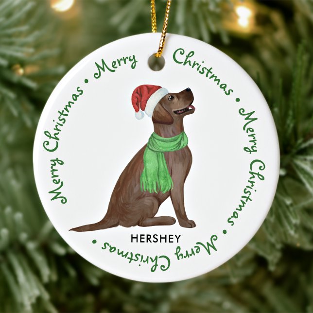 Chocolate Labrador Retriever Dog Merry Christmas Ceramic Ornament (Creator Uploaded)