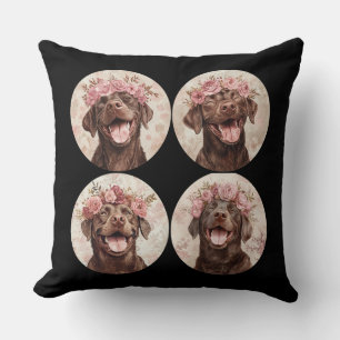 Chocolate Labrador Retriever Dog Pink Floral Throw Pillow