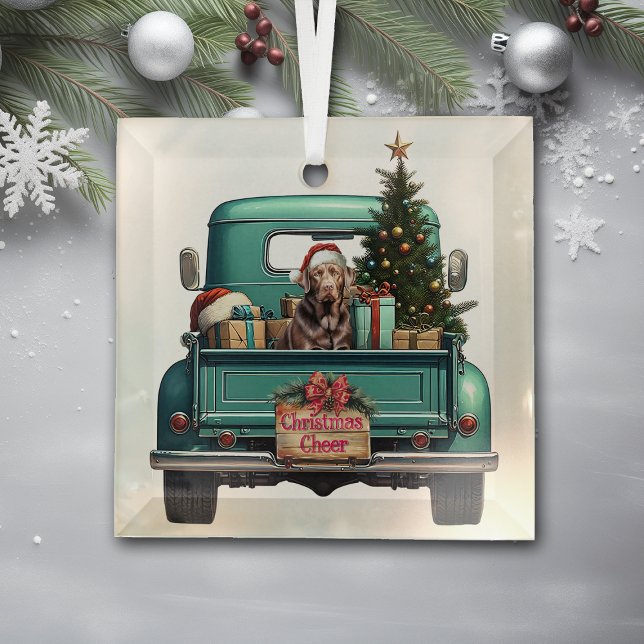 Chocolate Labrador Retriever Farm Truck Christmas Glass Ornament (Creator Uploaded)