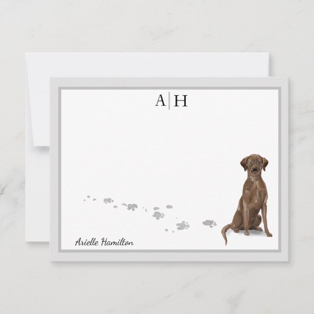 Chocolate Labrador Retriever Gray Border Monogram Note Card (Front)