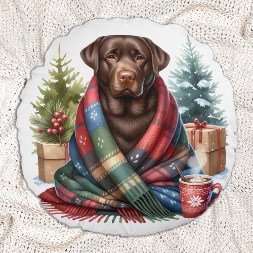 Chocolate Labrador Retriever Holiday Puppy Dog  Round Pillow