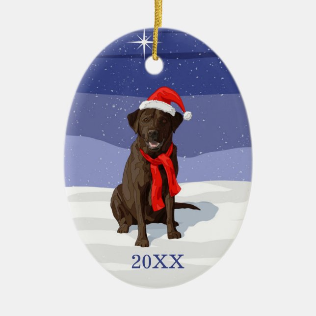 Chocolate Labrador Retriever Santa Hat & Scarf Ceramic Ornament (Front)