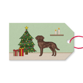 Chocolate Labrador Retriever With Christmas Tree Gift Tags