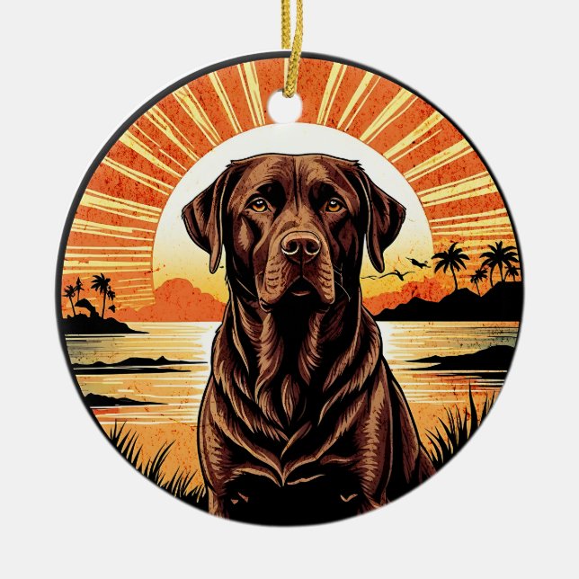 Chocolate Labrador Retro Sunset Dog Lover Ceramic Ornament (Front)