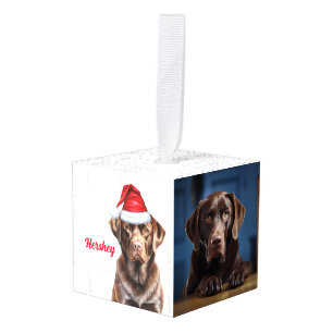Chocolate Labrador Santa Dog Two Photo Christmas Cube Ornament