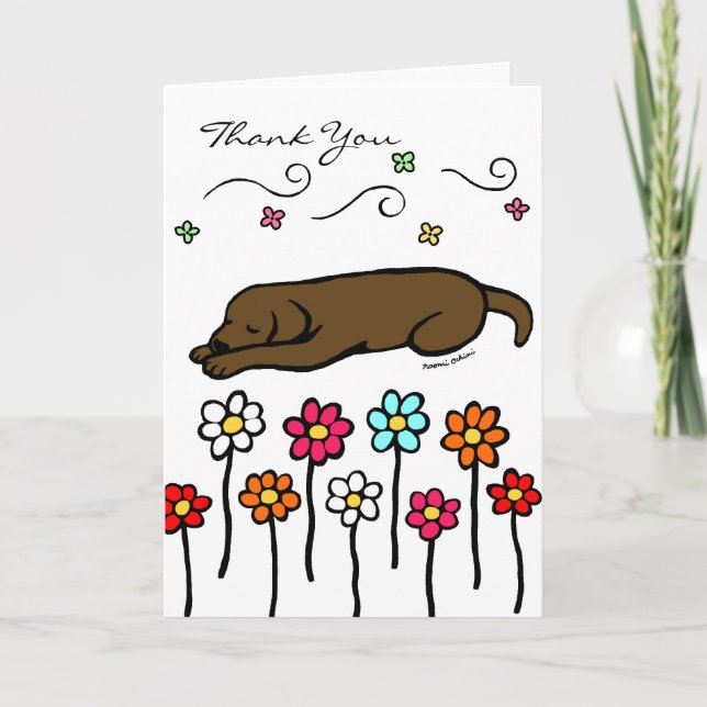 Chocolate Labrador Sleeping in the Garden Thank You Card (Front)