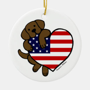 Chocolate Labrador & US Flag Heart 2 Cartoon Ceramic Ornament