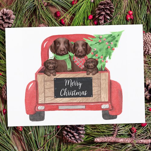 Chocolate Labrador Vintage Red Christmas Truck Holiday Card