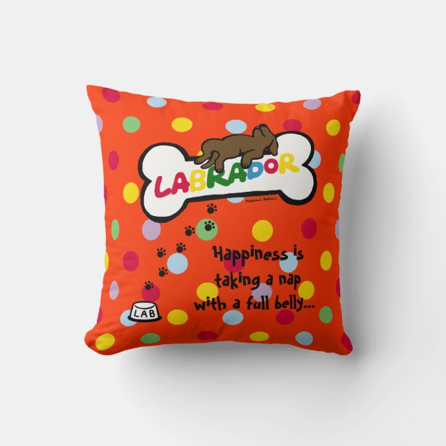 Chocolate Labrador with a full belly Cartoon Throw Pillow (Front)