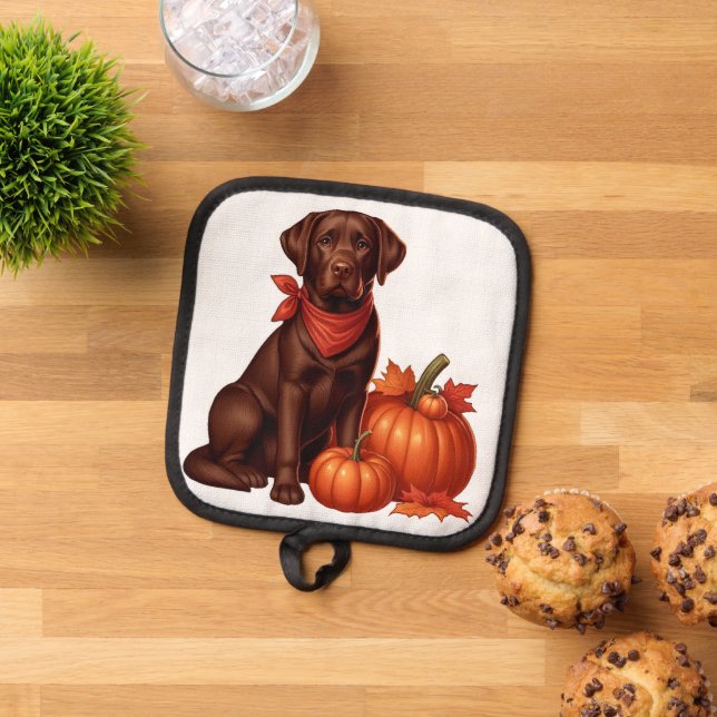 Chocolate Labrador with Red Bandana by Pumpkins Pot Holder (Top Down)