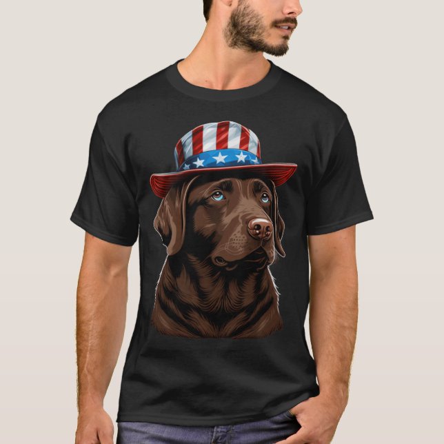 Chocolate Labrador With USA American Hat On T-Shirt (Front)