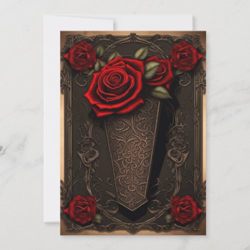Chocolate Lace Coffin and Roses Gothic Wedding Invitation