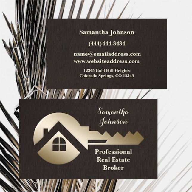 Chocolate Linen Gold Key Real Estate Business Card (Creator Uploaded)