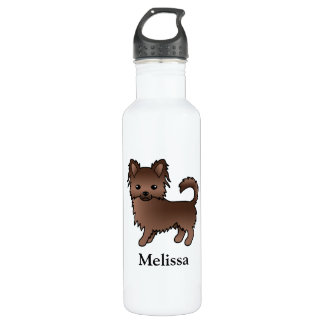 Chocolate Long Coat Chihuahua Cartoon Dog &amp; Name Stainless Steel Water Bottle