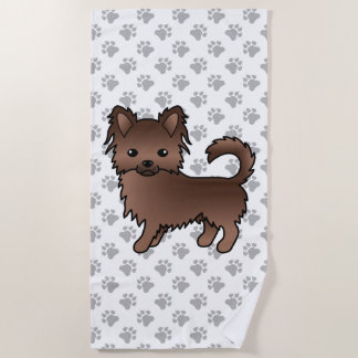Chocolate Long Coat Chihuahua Cartoon Dog &amp; Paws Beach Towel