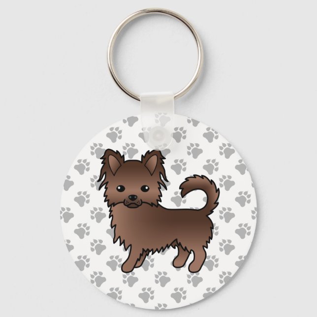 Chocolate Long Coat Chihuahua Cartoon Dog & Paws Keychain (Front)