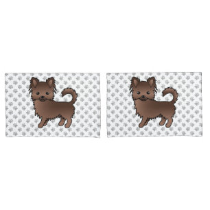 Chocolate Long Coat Chihuahua Cartoon Dog & Paws Pillow Case